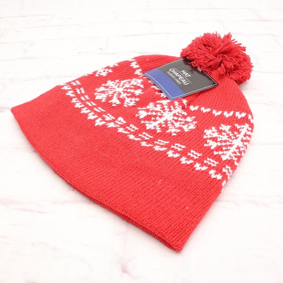 Chapeau Snowflake Winter Ski Beanie Hat Red White Fleece Lined W/Top Pom - Picture 3 of 9